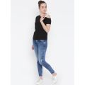 Cotton Full sleeves Black one open shoulder with satin strip t shirt for girls. 
