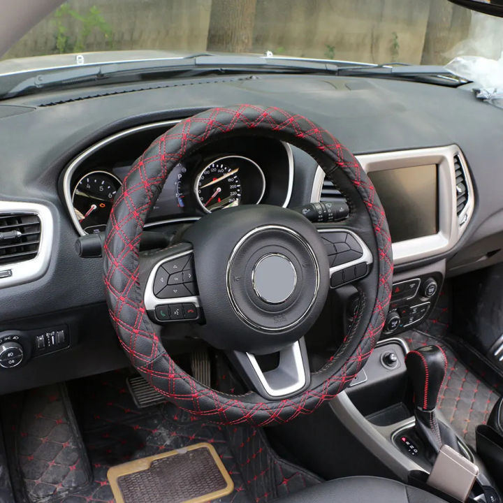 Leather Car Steering Wheel Cover Black with Red Line Confortable For During Driving Car - High Quality Product By QS