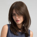Women Hair Wigs Ladies Daily Natural Wave Dark Brown Side Parting Synthetic None Lace Wigs with Bangs. 