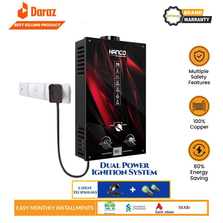 Hanco 10 Litre Instant Water Heater Imported - Tempered Glass  - Natural Gas or LPG Geyser - Dual Ignition - 1 Year Brand Warranty - Latest Model