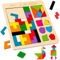 JuLam Montessori Toys 3 in 1 Wooden Tetris Puzzle for Kid Adults - Shape Pattern Block Tangram Brain Teaser Toy Geometry Logic IQ Game STEM Montessori Educational Gift for All Ages Challenge. 