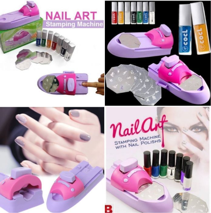 Nail Stamping Machine with 6 pattern metal plates and Seven colors nail polish for Nail Art