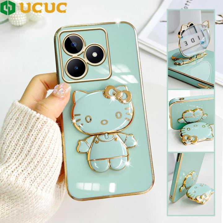 UCUC for Realme C53 C51 / Narzo N53 Note 50 Back Cover Cute kitty Mirror Multifunction Folding Bracket Luxury 6D Plating Case Soft Silicone Square Phone Cases for Boys for Girls