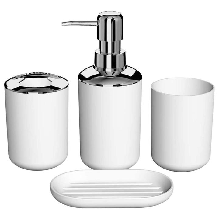 4 Pcs Plastic Bathroom Accessory Set,Bath Toilet Brush Accessories Set with Toothbrush Holder,Toothbrush Cup(White)