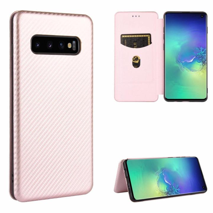lthmy for Samsung Galaxy S10 Plus Carbon Fiber Magnetic Closure with Card Slot Flip Case Cover