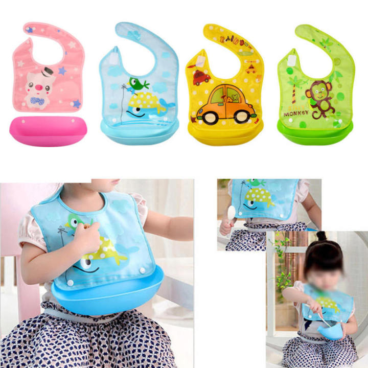 Baby Folding Plastic Rubber Baby Bib Napkin Washable & Waterproof Bib With Silicone Bowl Multicolor