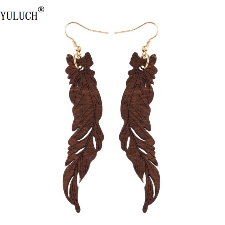 1 Pair Natural Wooden Earrings Hollow Feather Wooden Earrings Wooden Long Earrings Jewelry For Woman