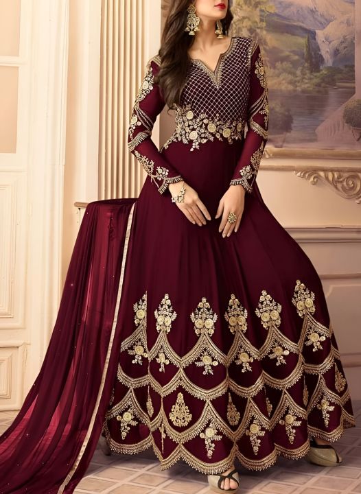 Women%20Maroon%20Chiffon%20Embroidered%20frock%20Unstitched%20AC-02%20-%20Image%202