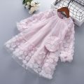 Kids girls tea pink 3D flower soft net dress with small pouch children dress for party/wedding/event/eid/birthday. 