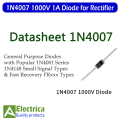 1N4007 Diode General Purpose Diode 1000V 1A for Rectifier in Power Supplies by Electrica. 