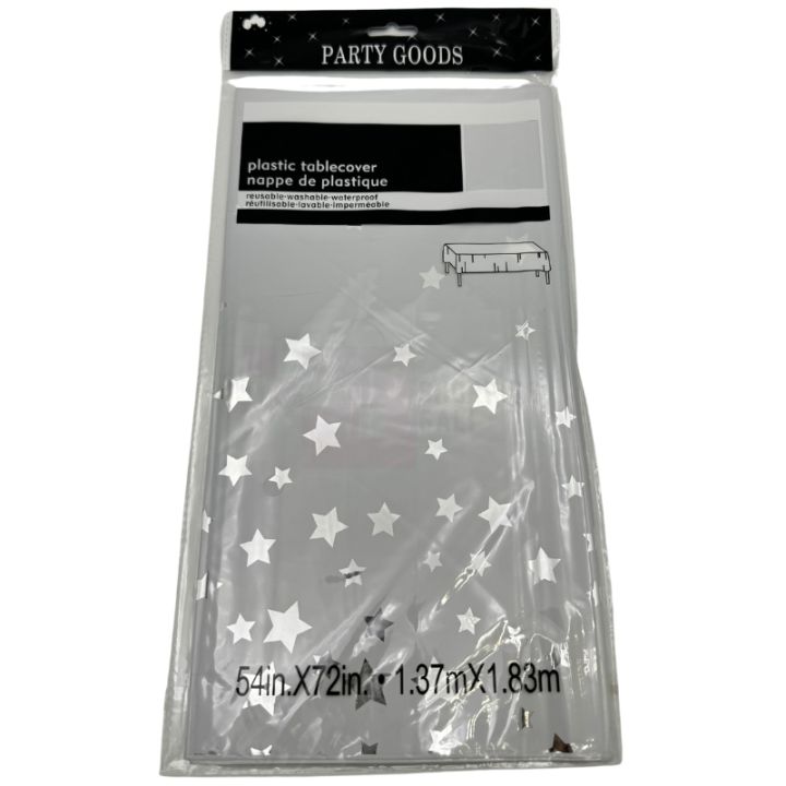 WHITE TABLE COVER WITH SILVER STARS ( 72 INCH X 54 INCH )