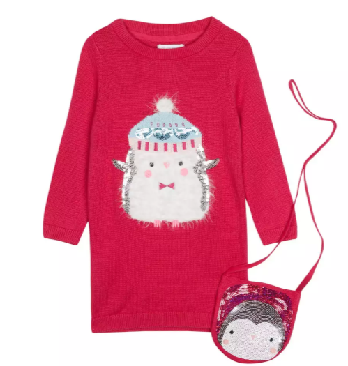 Debenhams Girls Red Sequin Penguin Jumper Dress and Bag Set