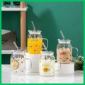 Glass tumbler Mug with lid and glass straw-Spill Proof with silicon protective Lid-Coffee, Milk glass Mugs-cute Juice glass mug. 