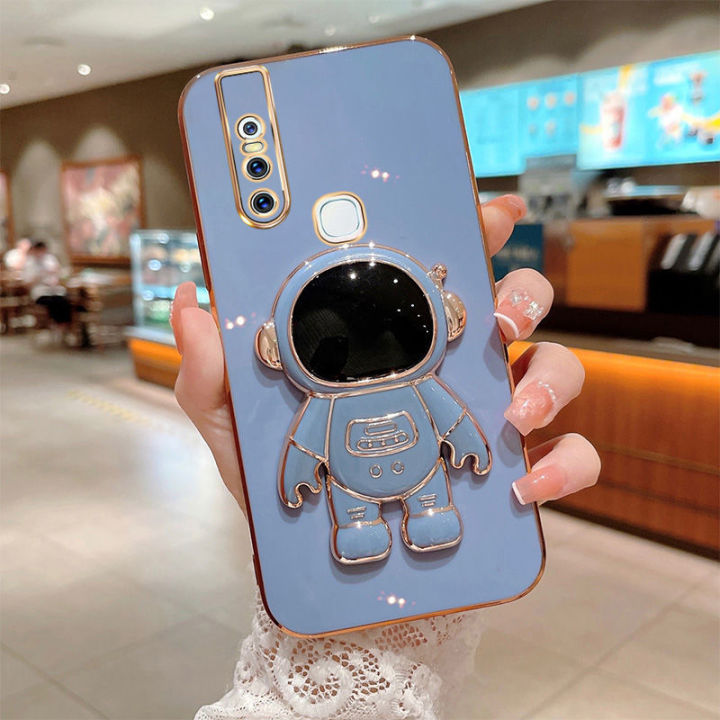 For Vivo V15 Back Cover with Cartoon Astronaut Folding Stand Luxury 6D Plating Frame Shiny Cases Soft Silicone Square Protective Mobile Phone Case