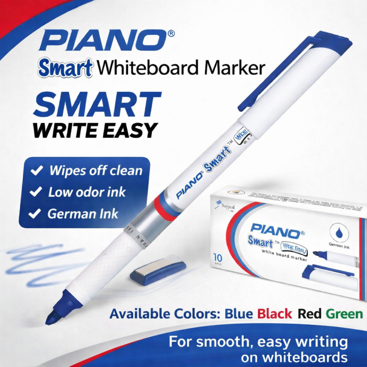 PIANO Smart Wipe Easy Whiteboard Marker, Dry Erase, Refillable -Pack of 10 Pcs