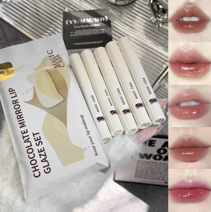 MAGIC CASA Lip Gloss White Chocolate Mirror Lip Gloss Set of 5 Aqua Glass Lipsticks Cross-border Exclusive