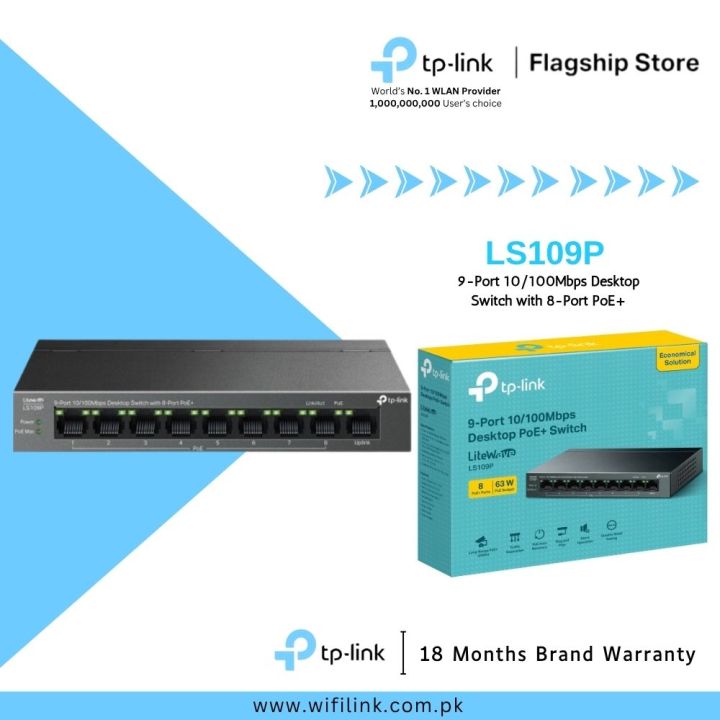 TP-Link Network Gigabit Desktop Switch LS109P 9-Port 10/100Mbps Desktop Switch with 8-Port PoE+ - 18 Months Brand Warranty