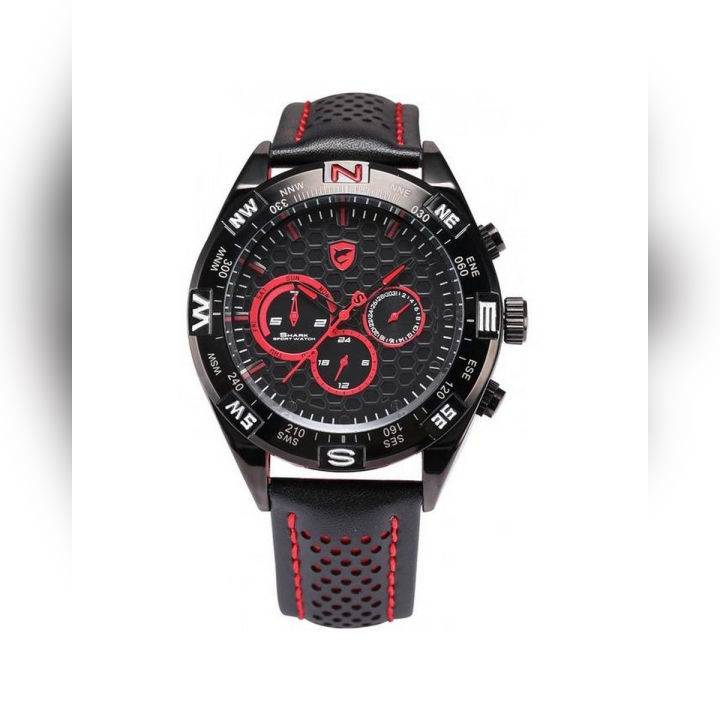 Shortfin Shark SH080 Black Red Leather Men Sports Watch