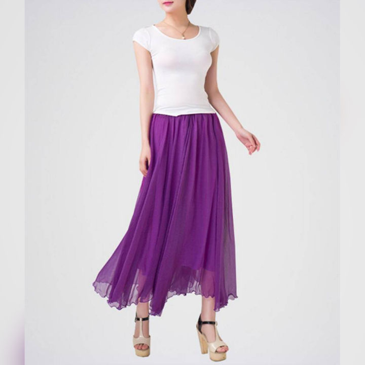 Women's Chiffon Long Skirt With White Cotton T-shirt, Skirts For Girls, Skirt with Top (Purple).