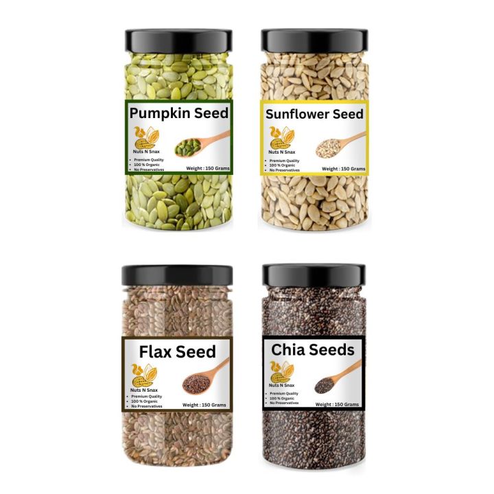 Chia | Pumpkin | Sunflower | Flax | seeds 150 grams each Jar kit for pcos seed cycle by Nuts N Snax