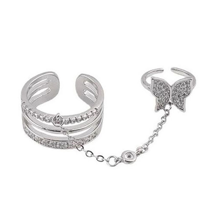 Personality Double Finger Chain Ring Tassel Butterfly Punk Rings Hip ...