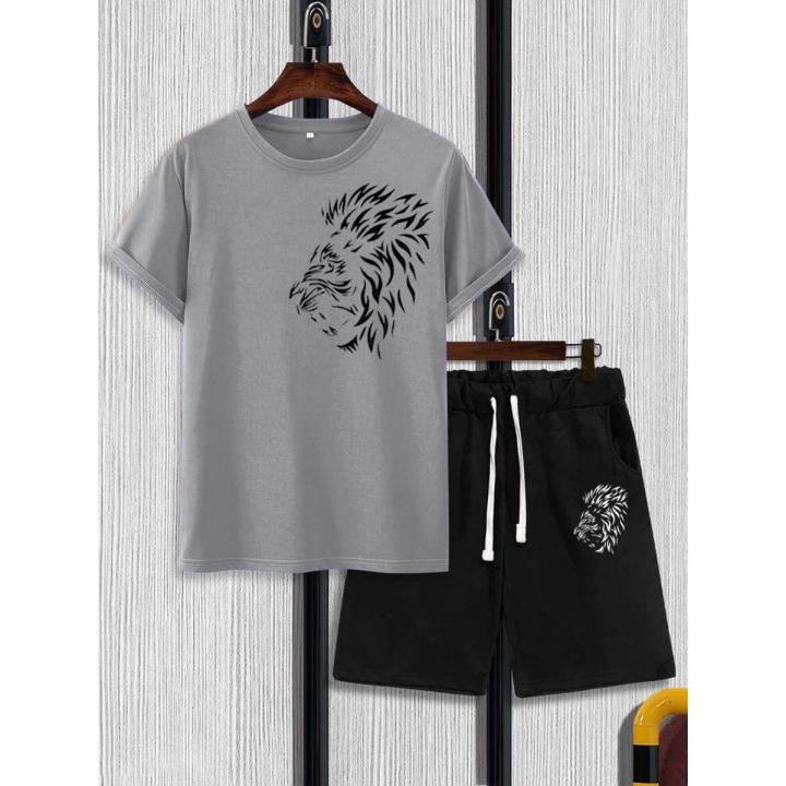 New Cotton Fabric Lion Printed Shirt with Shorts Tracksuit for Men