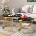 Stylish Metallic Mid Coffee Table Set with Gold Metal Frame - Round Side Table with Shelf, Nesting Coffee Table Set of 2, Stackable Metal Coffee Tables for Nesting Tables, Center Table, Wooden Table, Coffee Table, and Cocktail Table!. 
