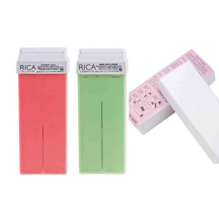 Rica Roll On Wax Refill , Pack of 2 Refill and Pack of 50 Wax Strips - 100 ML Depilatory Wax for Women, for Sensitive Skin, Strawberry, Green Apple & Lemon Roll On Wax Kit for Larger Areas of the Body, Roller Waxing Hair Removal, at Home Waxing