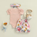 Infant Baby Girl 3 Pcs Outfit Sets, Letter Printed Ruffle Trim Short Sleeve Romper + Floral Print Shorts + Headband. 