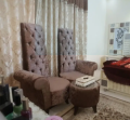 Modern High Back Chairs + Stool | Velvet Furnished Tufted Back Curved Arms. 