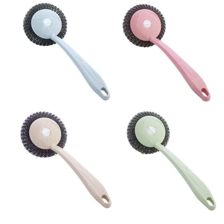 Stainless Steel Wire Ball Brush With Long Handle Kitchen Hanging cleaning brush pan Kitchen Dish handle Washing Tool