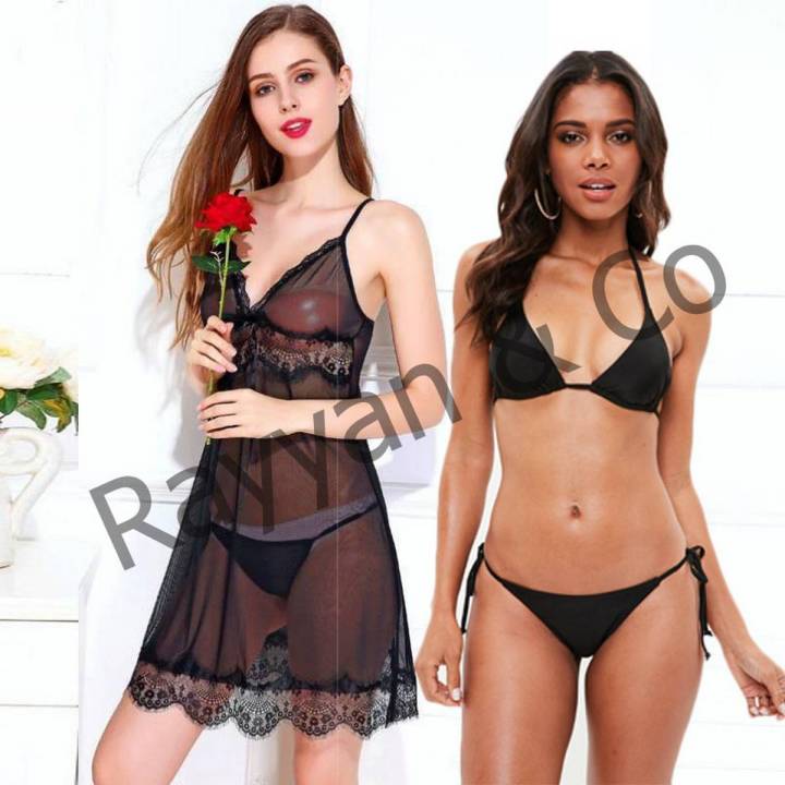 Set Of 3 Hot Sexy Nightie & Sexy Bikini Set By Rayyan's - Black