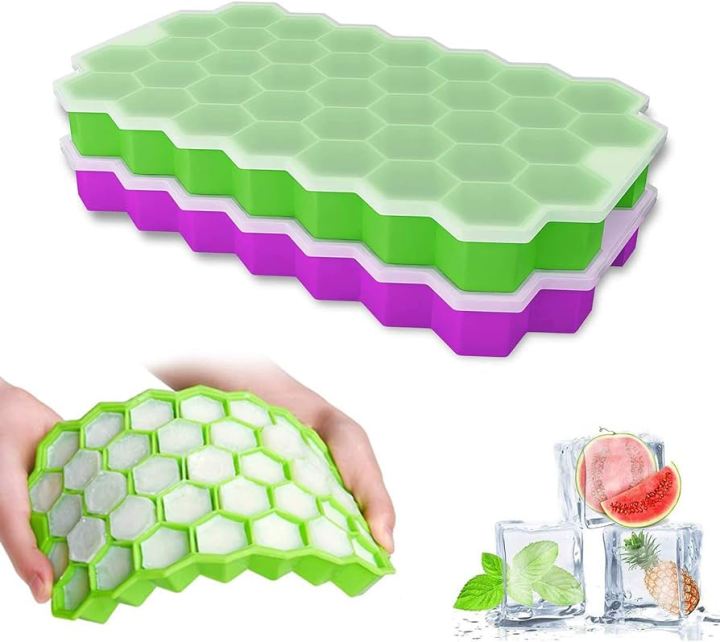 Silicone Ice cube Tray with plastic lid Easy Push Pop Out Square Silicon Ice Cubes Tray Honeycomb