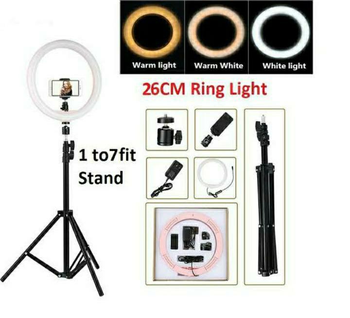 Led Ring Light 26cm dimmable with mobile holder,7ft tripod stand and three colour styles for Self-portrait shooting and Professional use/Live Streaming/Youtube Videos And Makeup vedios/for tik tok vedios/Desktop LED lamp/Led circle light
