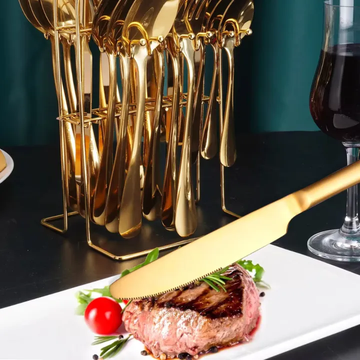 Cutlery Set – Cutlery Set With Stand – 24 PCs Cutlery Set - Golden ...