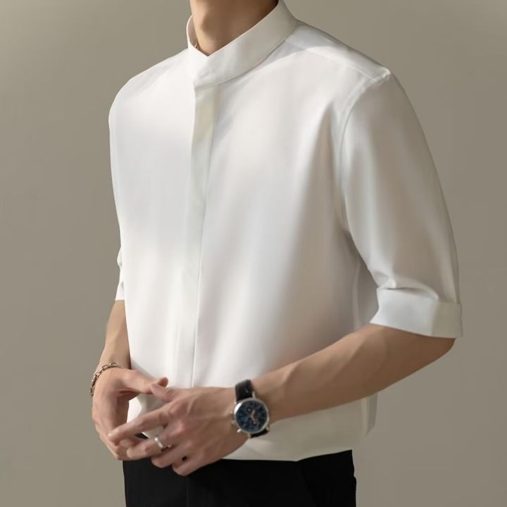 Summer%20thin%20stand%20up%20collar%20ice%20silk%20short%20sleeved%20for%20men%20Ins%20trendy%20brand%20new%20Chinese%20light%20mature%20style%20slim%20fit%20one%20and%20a%20half%20shirt%20-%20Image%204