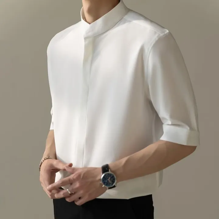 Summer%20thin%20stand%20up%20collar%20ice%20silk%20short%20sleeved%20for%20men%20Ins%20trendy%20brand%20new%20Chinese%20light%20mature%20style%20slim%20fit%20one%20and%20a%20half%20shirt%20-%20Image%204