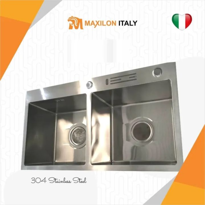 MAXILON ITALY 82x45cm Handmade Double Bowl Kitchen Sink - 304 Stainless Steel with Knife Holder, Soap Bottle & Complete Fittings (13 Gauge, 9 Inch Depth)