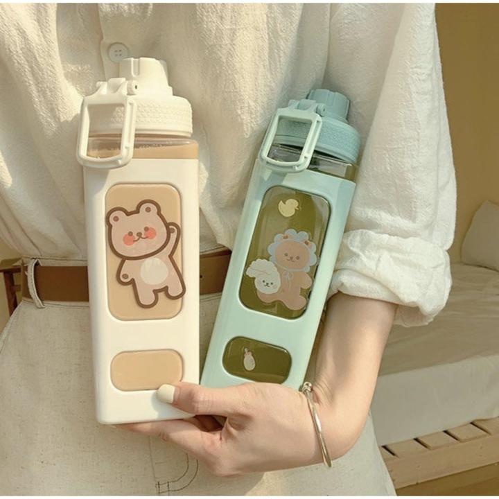 Korea Square Bear Water Bottle With Straw Handle Bottle 700/900ml