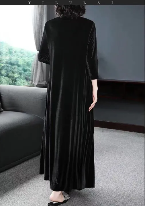 bellylady%20Women%20Velvet%20Dress%20Trendy%20Long%20Sleeves%20Round%20Neck%20Mid-length%20Skirt%20Elegant%20Simple%20Solid%20Color%20Large%20Size%20Dress%20-%20Image%202