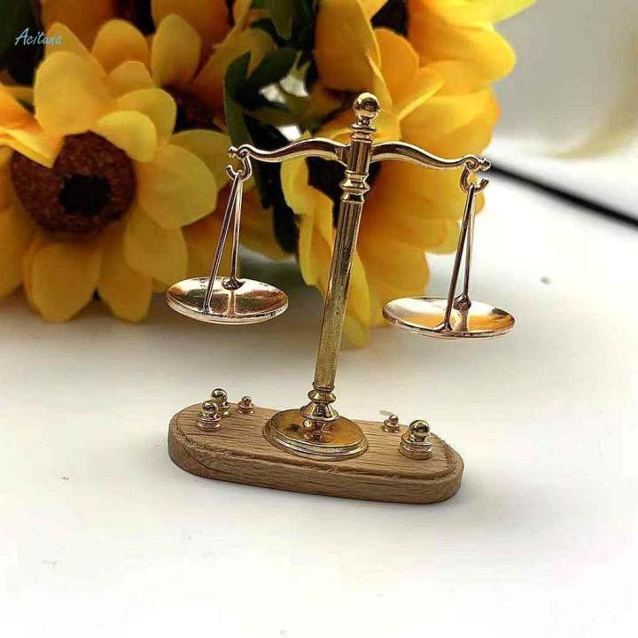 Vintage 1:12 Dollhouse Miniature Balance Scale with 6 Weight for Room Pretend Play Furniture