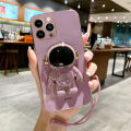 COROGI for iPhone 11 Pro Max Back Cover with Lanyard + Cartoon Astronaut Folding Stand Fashion Shiny 6D Plating Protective Case Square Bumper Soft Silicone Mobile Phone Cases. 