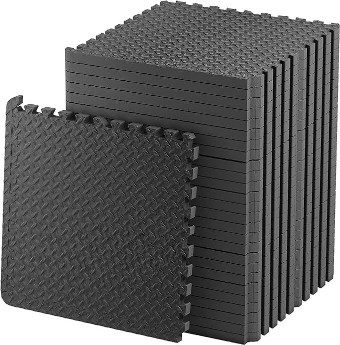 4 Pcs 12mm, 20mm or 25mm Gym Floor mat Rubber for Heavy Workout Puzzle Floor mats for Home Exercise, Gym Equipment mat Interlocking Eva Foam Flooring Rubber Tiles Yoga, Kid Gym Mats for Floor(Black)