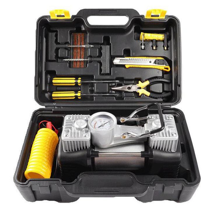 Imported Double Cylinder 12 Volt Portable Electric Car Air Pump Car Air Compressor Car Tyre Air Inflator Car Tire Air Inflator Pump Compressor Electric Air Blower Tire Tyre Puncture Repair Tool Kit Toolkit Car Air Pressure Gauge Car Gadgets Accessories