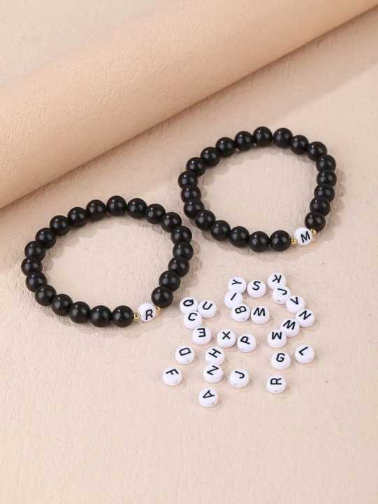 Pair of Customized name letter bracelet/Black 4mm beads