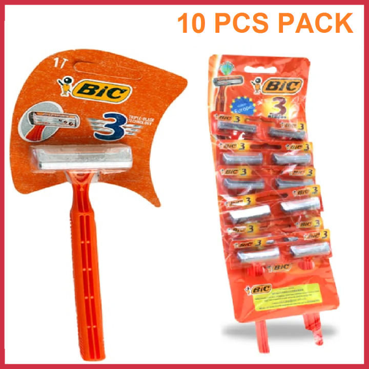 (10 Pcs Pack) BIC 3 Razor Orange - Triple Blade Disposable Razor - Body ...