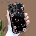 Hontinga for Realme C51 C53 Realme Note 50 Back Cover Pink Butterfly Flowers Phone Case Cream Texture Wavy Edge Soft Mobile Cover. 