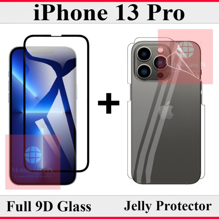 Apple iPhone 13 Pro 9D Glass Protector Tempered Glass Edge To Edge + Back Jelly Protector Poly Transparent Edge To Edge Sides Coverage For Apple iPhone 13 Pro