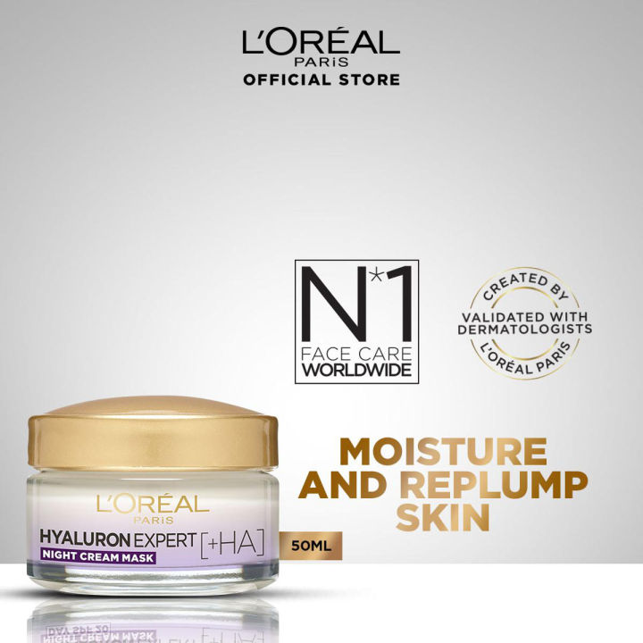 L'Oréal Paris Hyaluron Expert Replumping Moisturizing Care Night Cream Mask With Hyaluronic Acid, 50ML - Hydrating, Glass Skin