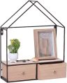 Decorative Items Iron House Rack Double Drawer Shelves Triangle Art Solid Wood Drawer Home Decoration Items for room & Wall Black - Size 34X12X43CM. 